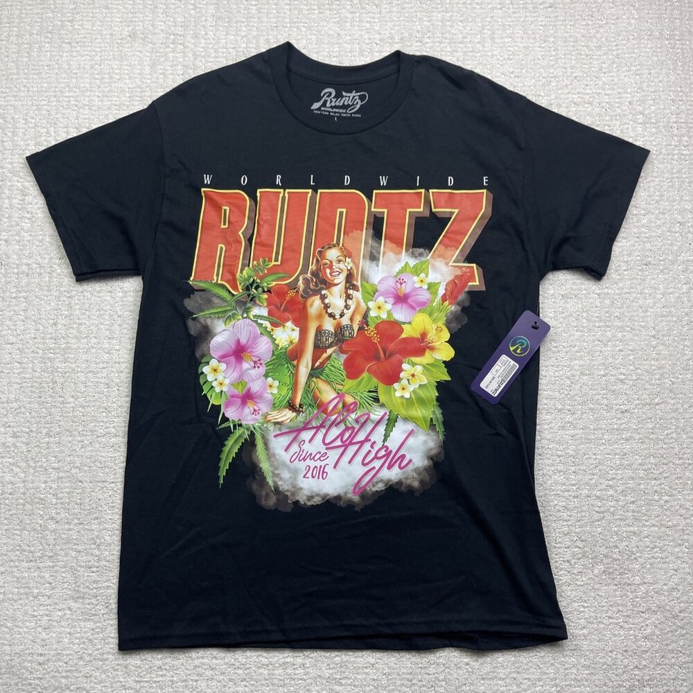 NEW Runtz Men's Graphic Hawaii Girl Floral  AOP Tee Black Size L Cannabis TShirt